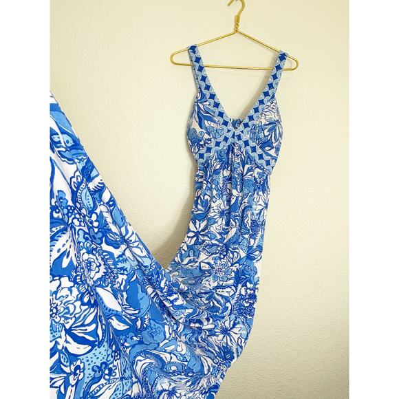 Lilly Pulitzer Serena V-Neck Maxi Dress Blue Tang Flocking Fabulous Size 6 - Picture 11 of 14